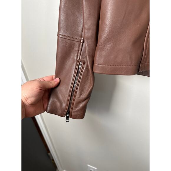 Sam Edelman Brown Lambskin Leather Zip Up Moto Jacket Womens Size S - Picture 6 of 11